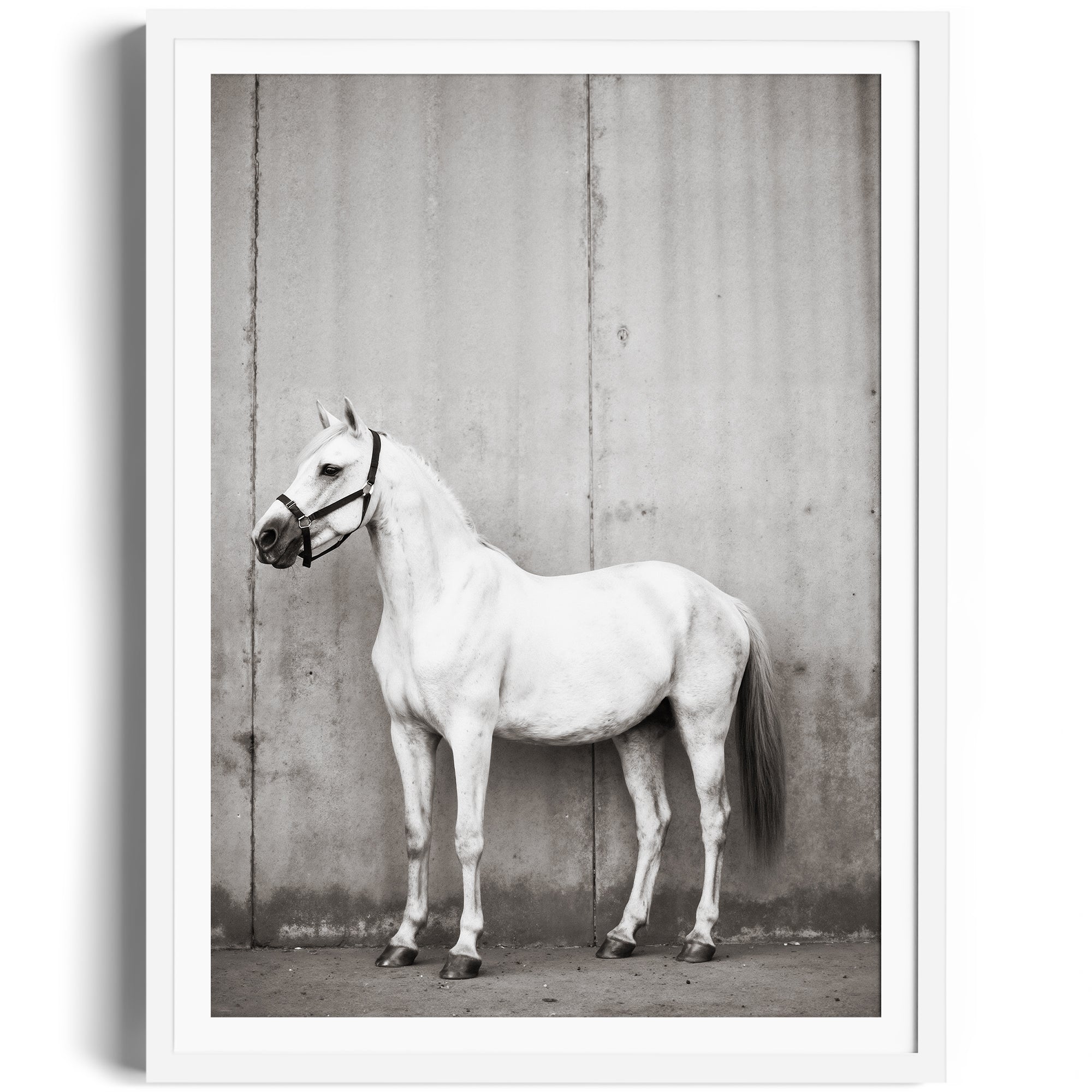 Fine art photography of a white horse against a textured wall, showcasing equestrian elegance and craftsmanship. Limited edition print.