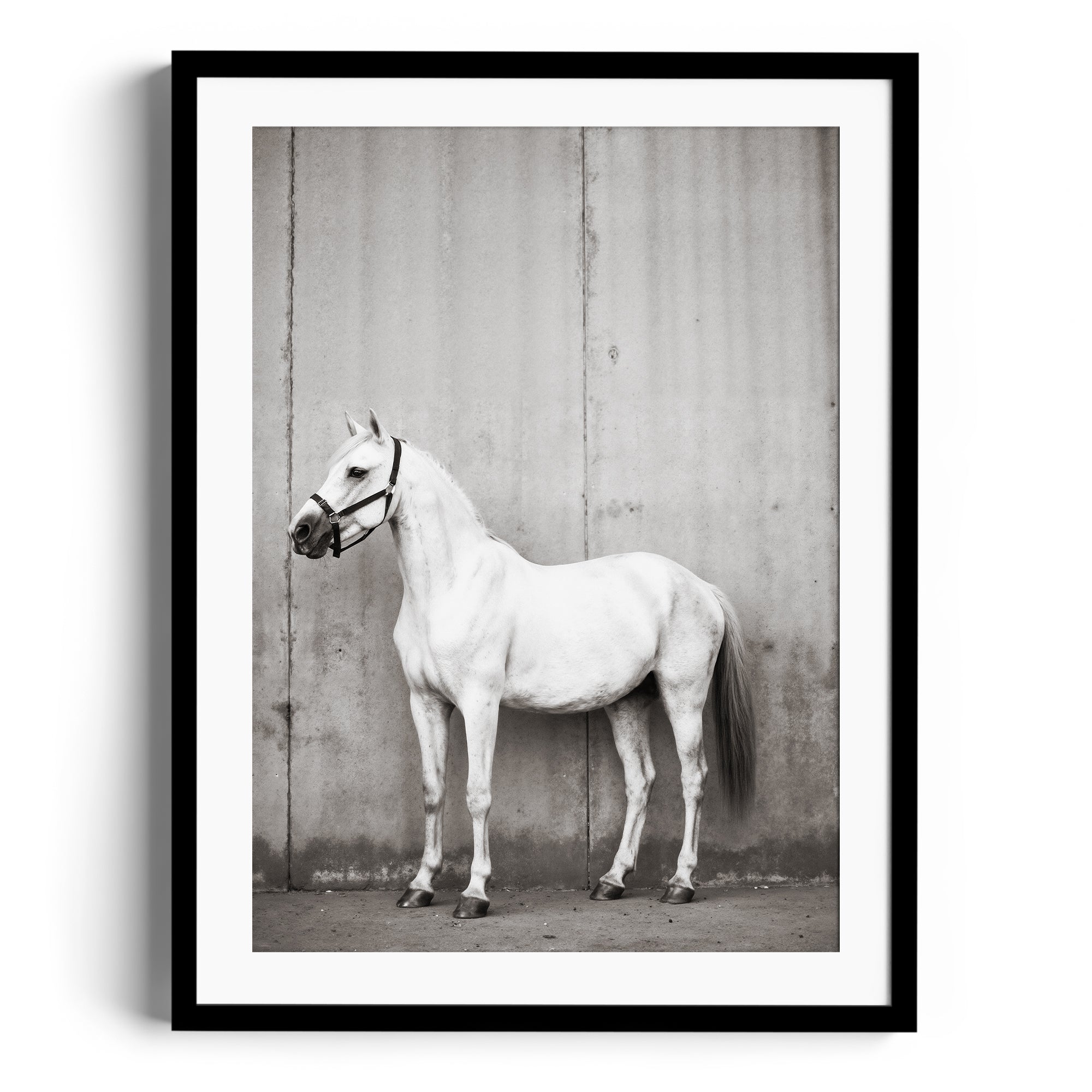 Fine art photography of a stunning white horse against a textured background, showcasing elegance and precision in a framed print.